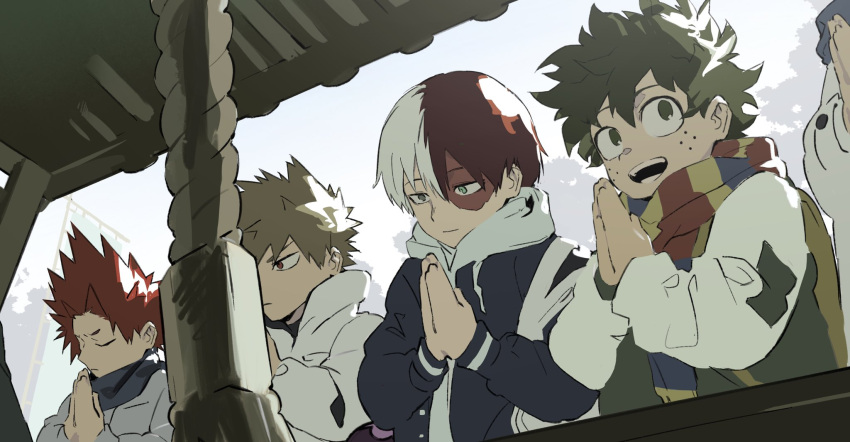 4boys, aqua_eyes, bakugou_katsuki, black_jacket, black_scarf, blonde_hair, boku_no_hero_academia, closed_eyes
