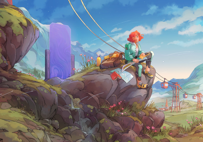 1girl, aerial_tram, aqua_armor, aqua_jacket, armor, backpack, bag, black_pants