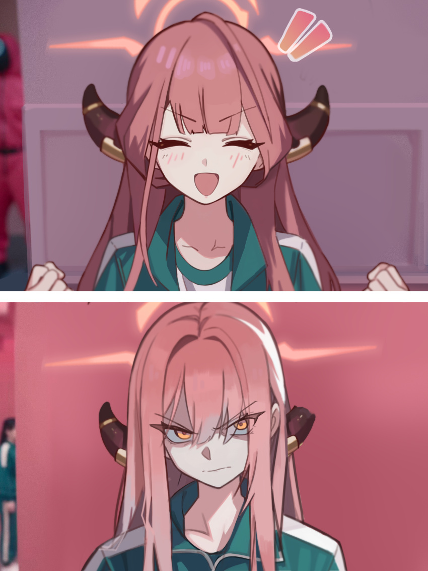 1girl, 1other, absurdres, alternate_costume, angry, aru_(blue_archive), asymmetrical_horns, blue_archive, broken_horn, clenched_hands, closed_mouth, commentary_request, demon_girl, demon_horns, green_jacket, hair_intakes, halo, hands_up, highres, horns, jacket, korean_commentary, meme, multiple_views, open_mouth, orange_eyes, orange_halo, photo_background, red_hair, rehu_(astd5787), scene_reference, shirt, smile, squid_game, squid_game_2, uneven_horns, v-shaped_eyebrows, white_shirt, worker_(squid_game), year_1_&amp;_year_2_(squid_game)_(meme)