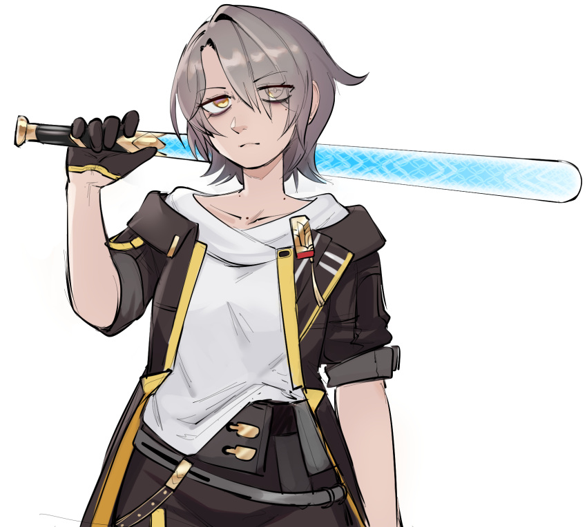 1girl, arm_at_side, bags_under_eyes, baseball_bat, black_coat, closed_mouth, coat, collarbone