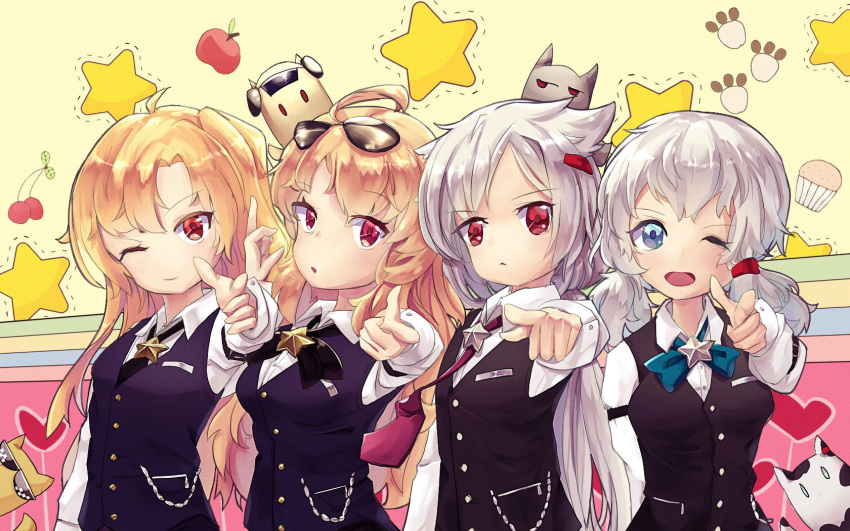 4girls, apple, azur_lane, black_bow, black_bowtie, black_necktie, blonde_hair, blue_bow, blue_bowtie, blue_eyes, bow, bowtie, cherry, cleveland_(azur_lane), cleveland_(azur_lane)_(cosplay), cleveland_(gentry_knight)_(azur_lane), columbia_(azur_lane), cosplay, denver_(azur_lane), eyewear_on_head, food, fruit, grey_hair, hair_ornament, hairclip, heart, highres, long_hair, looking_at_viewer, low_twintails, montpelier_(azur_lane), multiple_girls, necktie, official_alternate_costume, one_eye_closed, parted_bangs, parted_lips, pointing, pointing_at_viewer, red_eyes, star_(symbol), twintails, xiao_fatiao