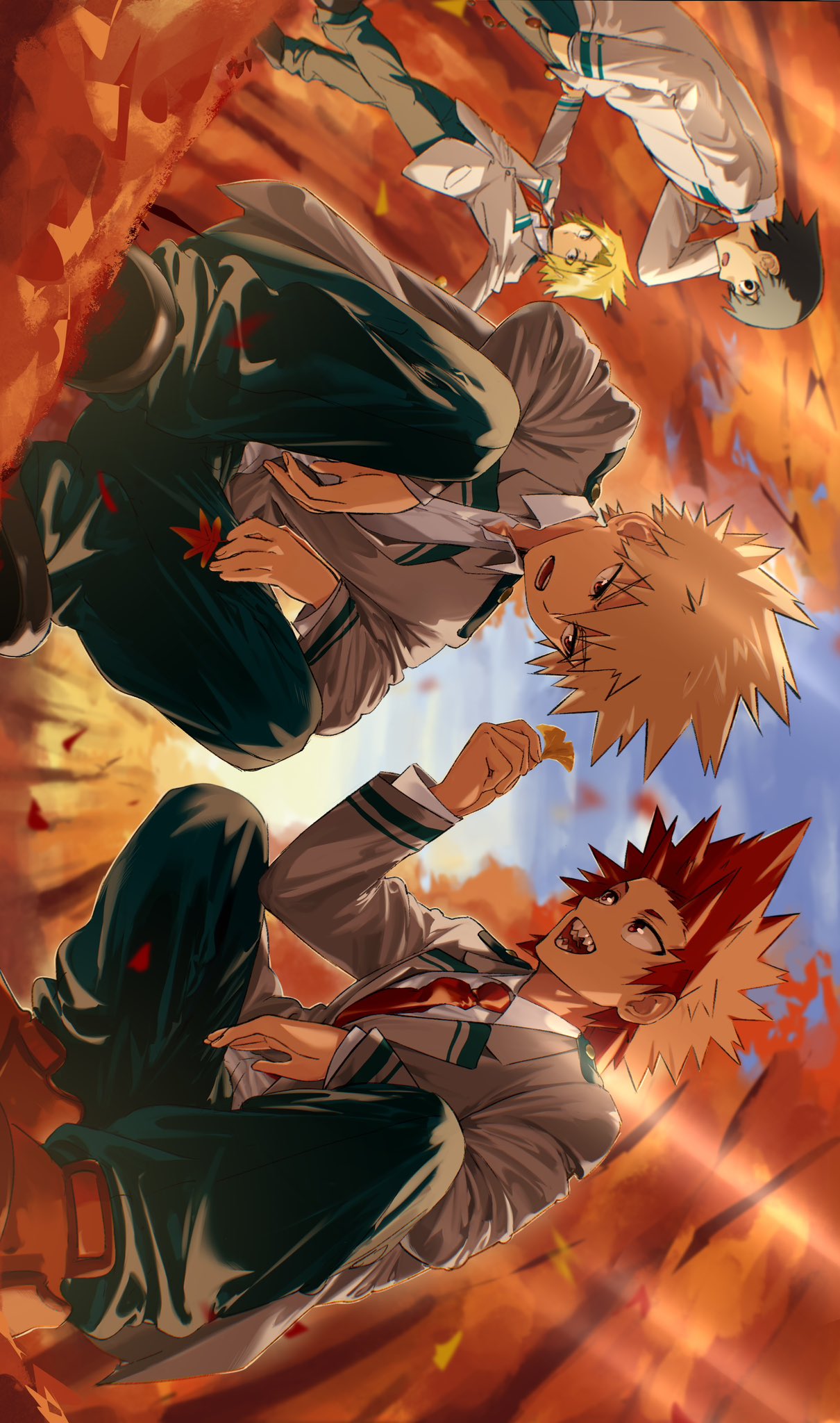 4boys, autumn, autumn_leaves, bakugou_katsuki, black_hair, black_pantyhose, blonde_hair, boku_no_hero_academia