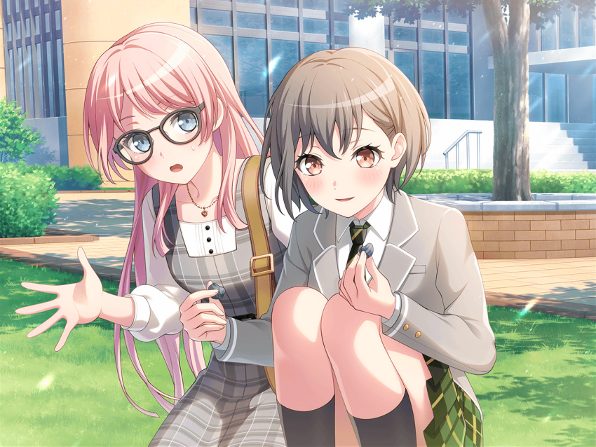 2girls, bang_dream!, bang_dream!_it's_mygo!!!!!, belt, black-framed_eyewear, black_socks, blazer, brick