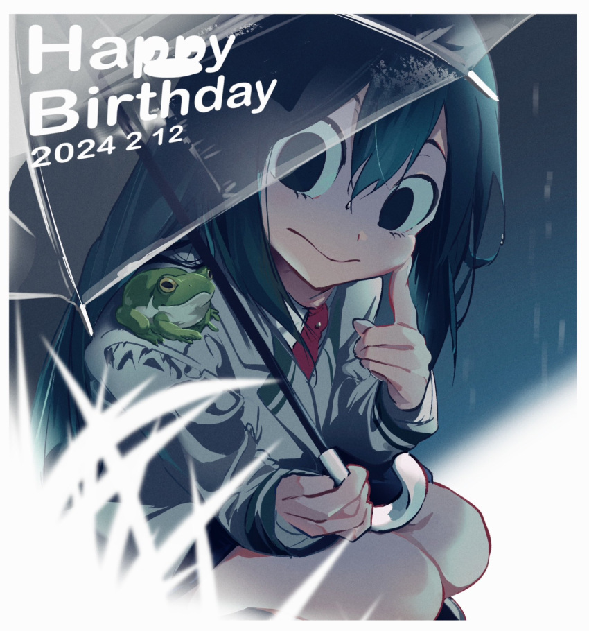 1girl, asui_tsuyu, black_hair, blurry, blurry_foreground, boku_no_hero_academia, border, closed_mouth, collared_shirt, dated, finger_to_cheek, frog, frog_on_shoulder, grass, grey_background, hair_between_eyes, happy_birthday, highres, holding, holding_umbrella, konekutozzzzz, long_hair, necktie, outdoors, rain, red_necktie, school_uniform, shirt, smile, solo, squatting, transparent, transparent_umbrella, u.a._school_uniform, umbrella, wet, wet_hair, white_border, white_shirt