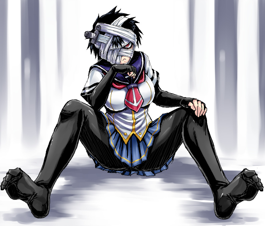 bandage, barefoot, elbow_gloves, feet, fingerless_gloves, gloves, kurokami_kujira, latex