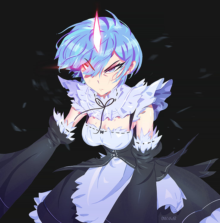 1girl, angry, black_dress, blue_hair, demon_girl, dress, frown, horns