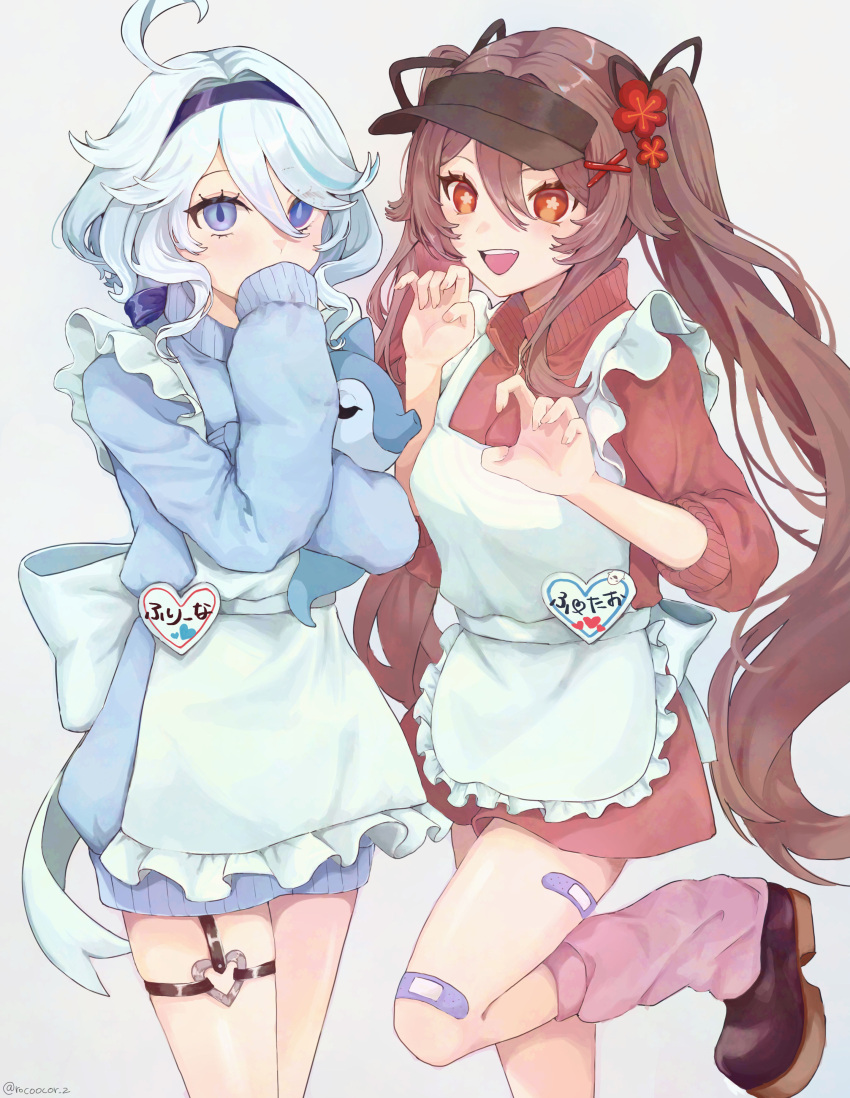 2girls, absurdres, ahoge, alternate_costume, apron, bandaid, bandaid_on_leg, black_ribbon