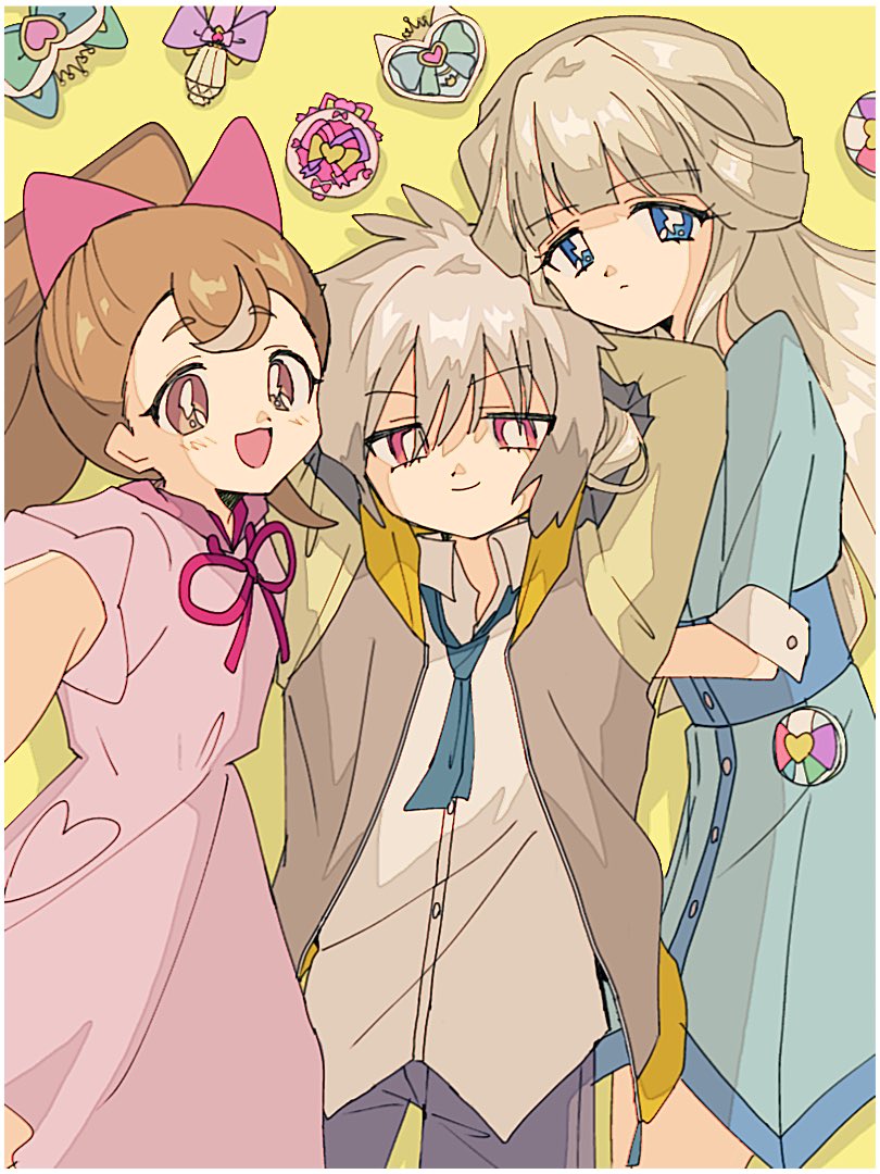 1990s_(style), 1boy, 2girls, :3, arms_behind_head, black_pants, blonde_hair, blue_dress