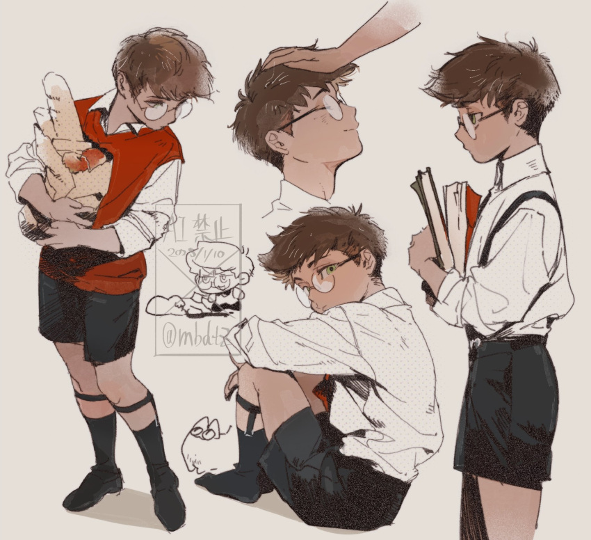1boy, alastor_(hazbin_hotel), bag, brown_hair, child, collared_shirt, glasses, hazbin_hotel, highres, looking_at_viewer, mbdtz, paper_bag, shirt, shorts, white_shirt
