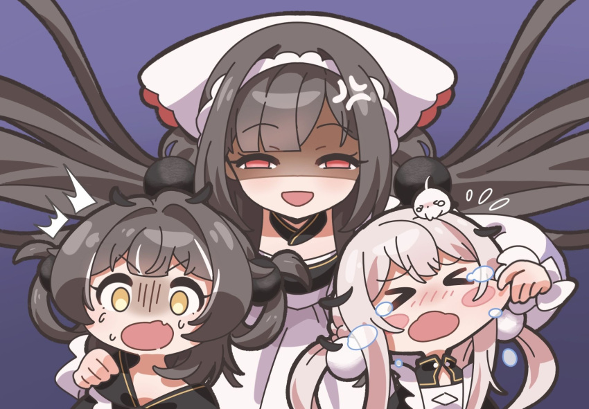 >_<, 3girls, ^^^, azur_lane, black_hair, character_request, cheek_pinching, false_smile