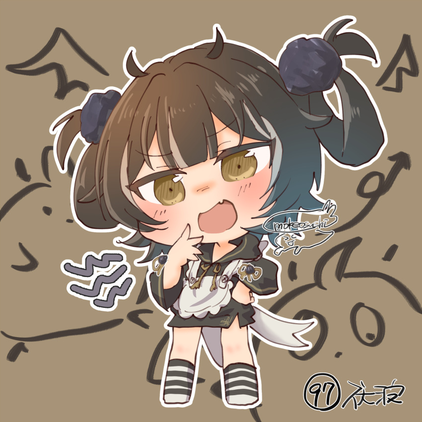 1girl, apron, azur_lane, black_hair, brown_eyes, character_request, chibi, chibi_only