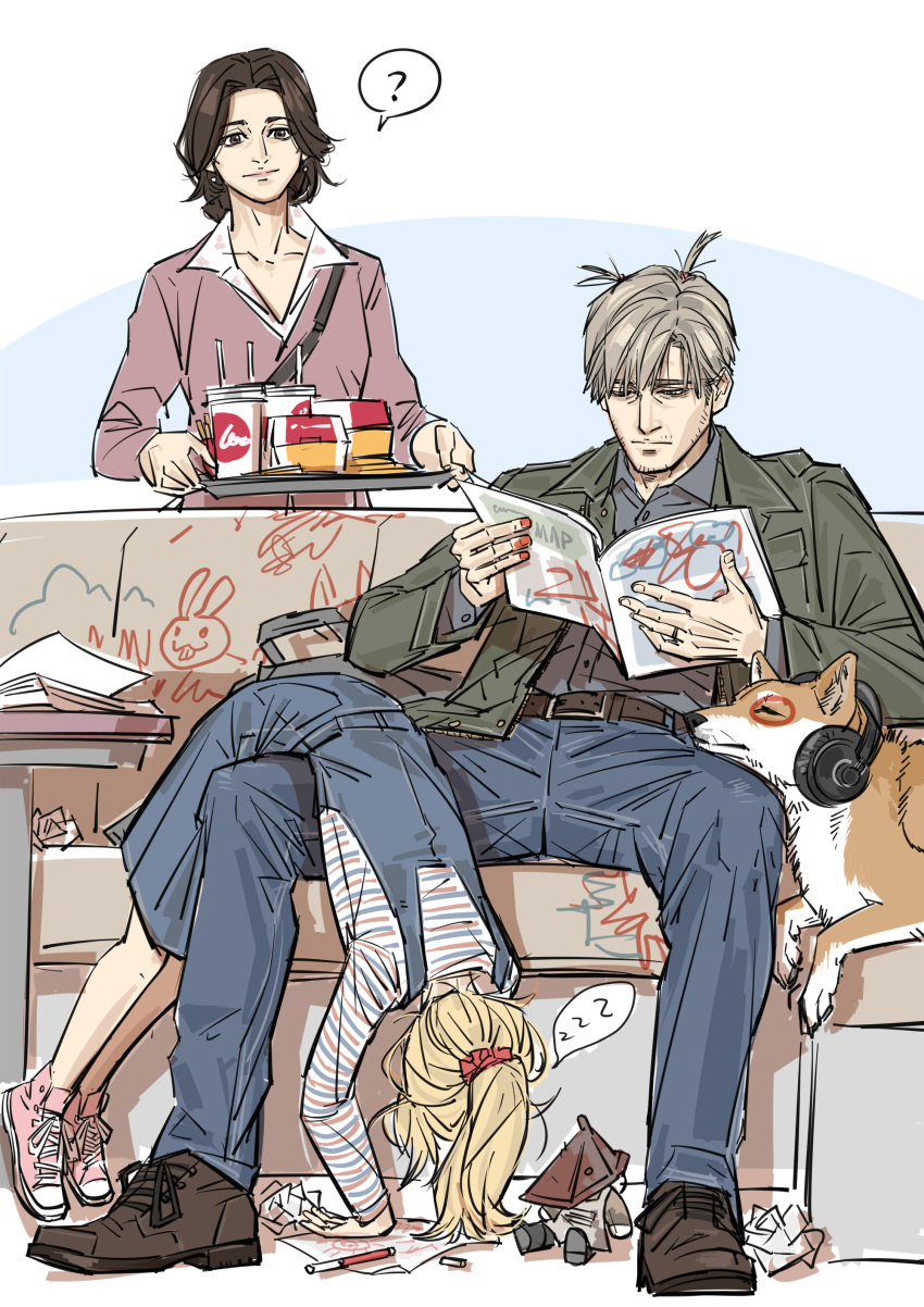 1boy, ?, absurdres, blonde_hair, blue_pants, brown_eyes, brown_hair, burger, child's_drawing, couch, crumpled_paper, drink, fast_food, food, french_fries, green_jacket, grey_shirt, headphones, highres, holding, jacket, james_sunderland, laura_(silent_hill), mary_shepherd-sunderland, messy_hair, messy_room, nyeigneous, on_couch, pants, papers, pen, pink_shirt, ponytail, pyramid_head, reading, scribble, shiba_inu, shirt, short_hair, silent_hill_(series), silent_hill_2, sleeping