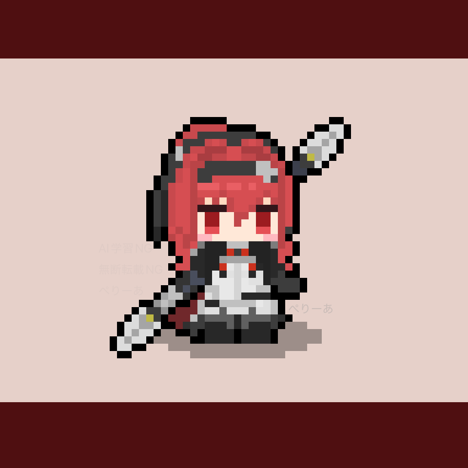 1girl, blush_stickers, brown_background, chibi, chibi_only, commentary_request, full_body, hair_between_eyes, holding, holding_polearm, holding_weapon, jitome, letterboxed, looking_at_viewer, peri_a12, pixel_art, polearm, ponytail, punishing:_gray_raven, red_eyes, red_hair, simple_background, solo, standing, vera_(pgr), weapon