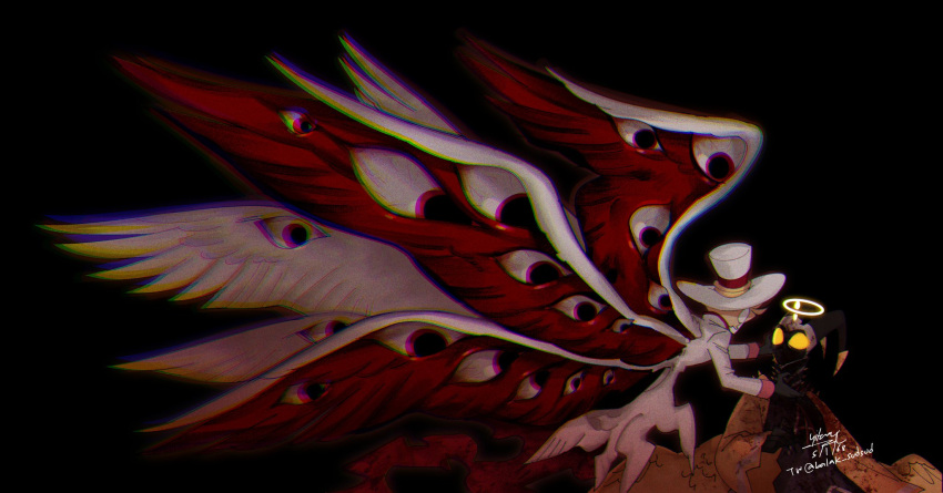 2boys, adam_(hazbin_hotel), angel, demon_boy, demon_horns, disembodied_eye, hazbin_hotel, highres