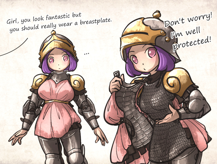 ..., 1girl, armor, chainmail, closed_mouth, commentary, couter, cuisses, dress, english_commentary, english_text, gold_armor, gorget, grey_armor, helmet, highres, holding, holding_unworn_clothes, ironlily, layered_armor, leather_strap, looking_at_viewer, medium_hair, multiple_views, original, pauldrons, pink_dress, pink_eyes, poleyn, purple_hair, removing_armor, rerebrace, scale_armor, shoulder_armor, simple_background, vambraces, visor_lift, white_background