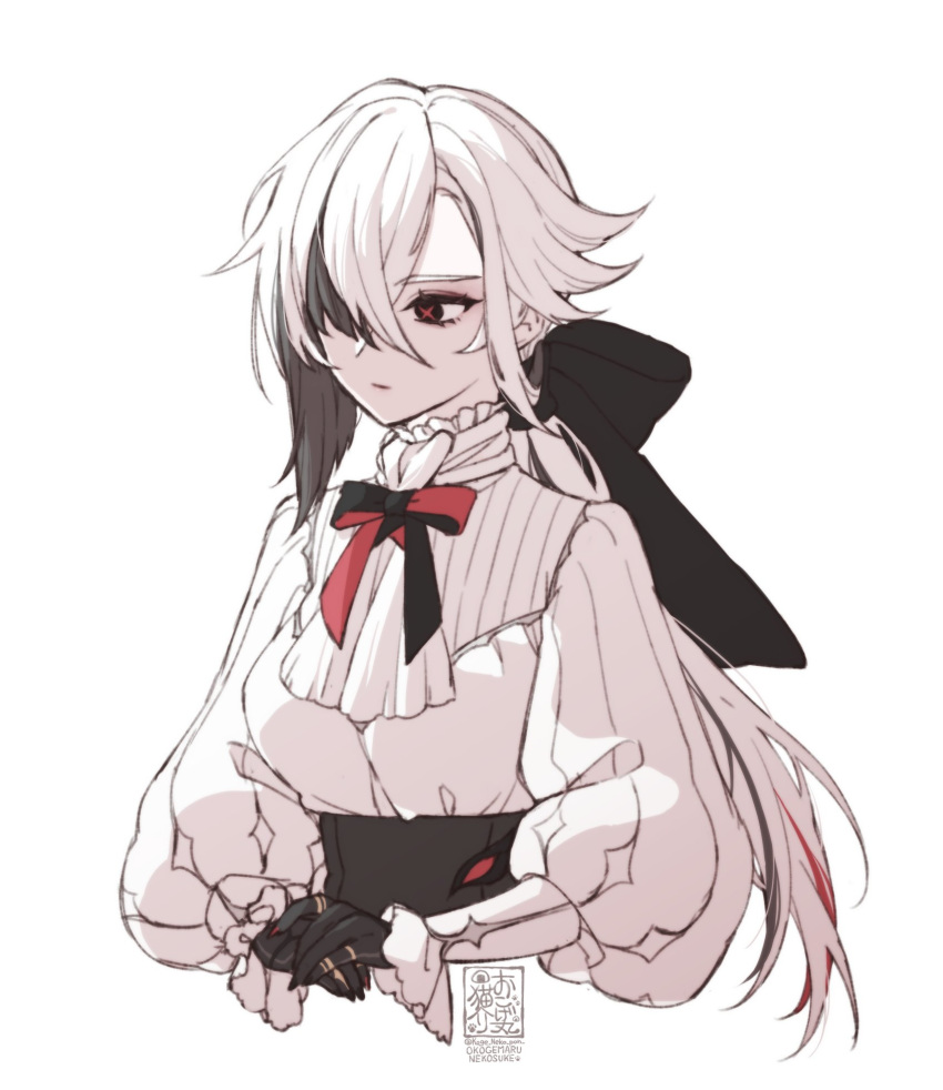 1girl, alternate_costume, arlecchino_(genshin_impact), black_bow, black_eyes, black_hair, bow, genshin_impact, hair_over_one_eye, highres, long_hair, long_sleeves, multicolored_hair, okogemaru_nekosuke, red_bow, shirt, simple_background, solo, two-tone_bow, two-tone_hair, upper_body, very_long_hair, white_background, white_hair, white_shirt