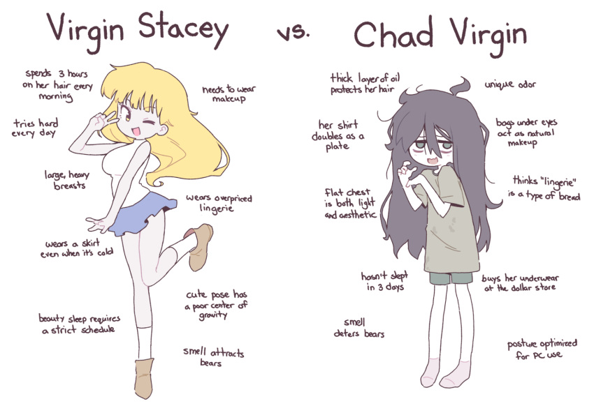2girls, ahoge, bags_under_eyes, bare_shoulders, blue_skirt, boots, breasts, comparison