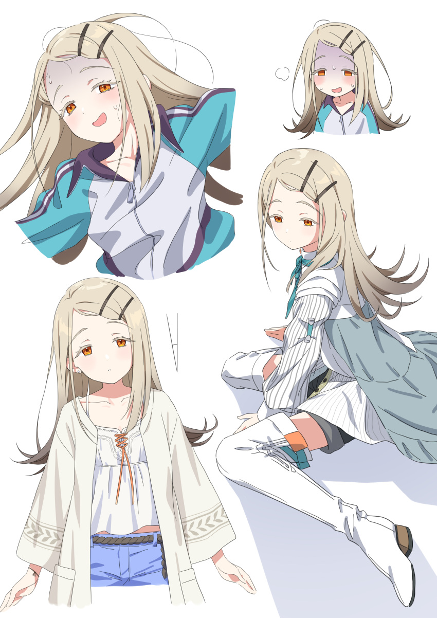 1girl, :c, absurdres, aqua_track_suit, black_shorts, blonde_hair, blush, brown_jacket, camisole, closed_mouth, cropped_arms, cropped_torso, denim, dot_mouth, dot_nose, gakuen_idolmaster, hair_ornament, hairclip, highres, idolmaster, jacket, laika_(sputnik2nd), long_hair, long_sleeves, looking_at_viewer, official_alternate_costume, open_mouth, orange_eyes, pocket, shinosawa_hiro, shirt, shorts, simple_background, sitting, sweat, thigh-highs, track_suit, wariza, white_background, white_camisole, white_shirt, white_thighhighs, zipper_pull_tab
