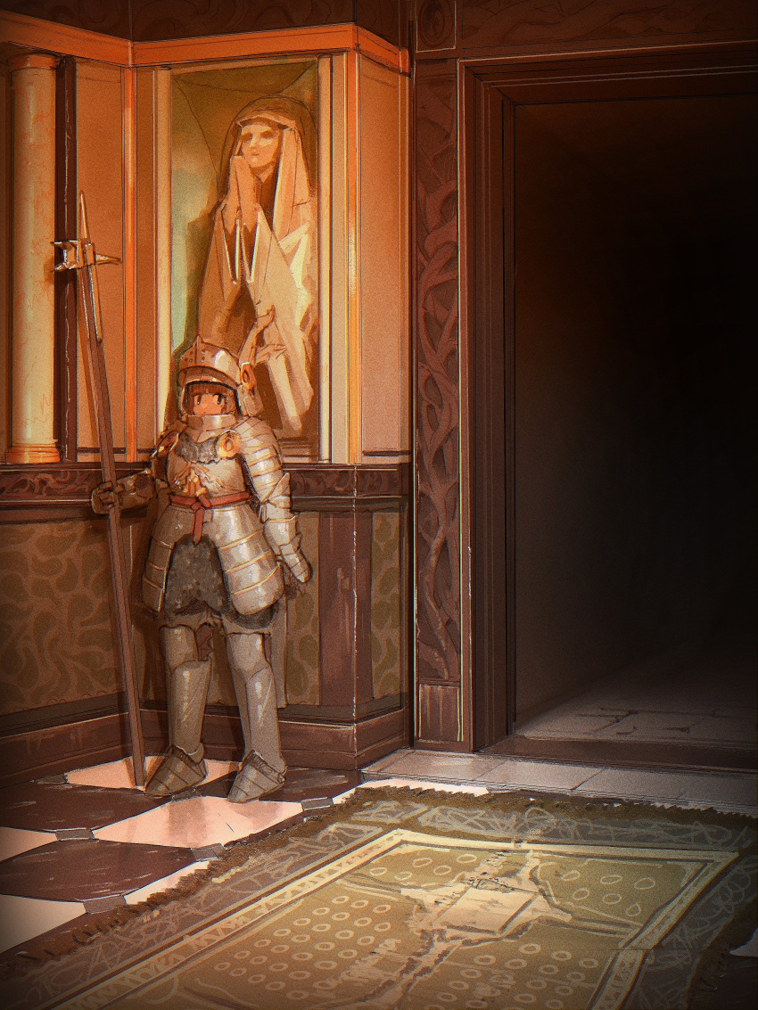 1girl, absurdres, armor, blunt_bangs, chainmail, couter, doorway, faulds, gauntlets, greaves, helm, helmet, highres, holding, holding_polearm, holding_weapon, looking_at_viewer, notfuji, original, polearm, polehammer, rerebrace, rug, sabaton, solo, standing, statue, tile_floor, tiles, vambraces, visor_lift, weapon
