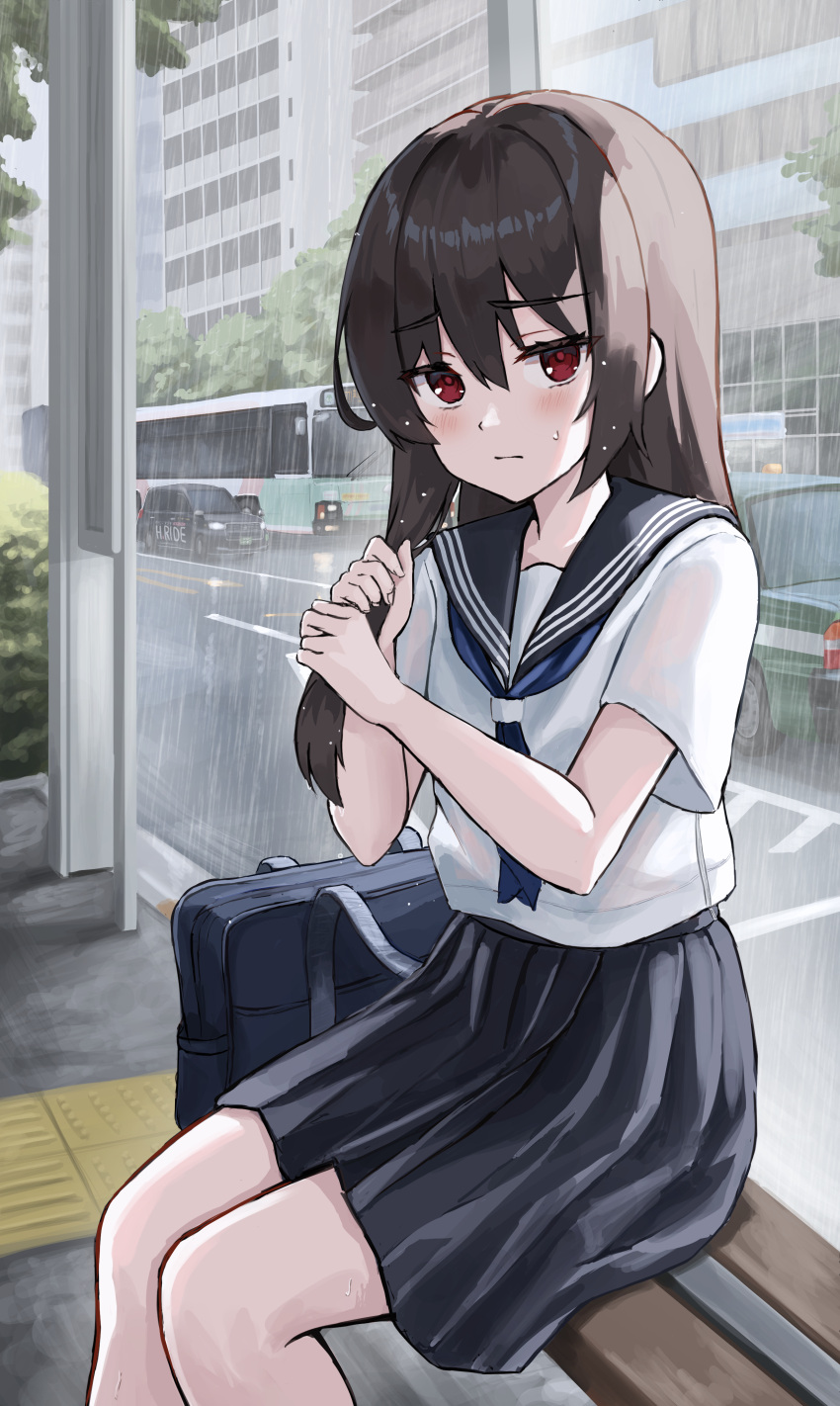 1girl, absurdres, bag, bench, black_sailor_collar, black_skirt, blue_bag, blue_neckerchief