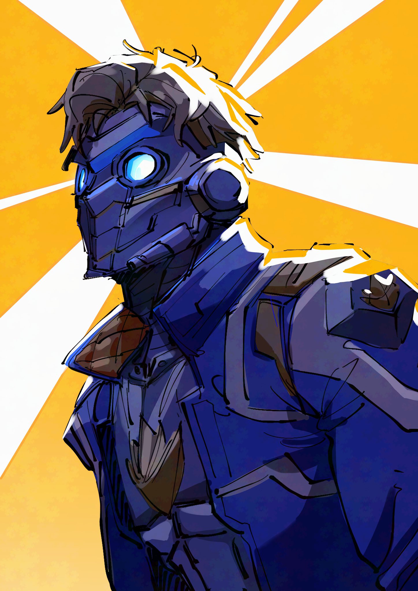 1boy, blue_jacket, brown_hair, collared_jacket, commentary, english_commentary, from_side, glowing, glowing_eyes, guardians_of_the_galaxy, highres, jacket, male_focus, marvel, marvel_rivals, mask, popped_collar, short_hair, solo, star_lord, superebiseeeen, upper_body