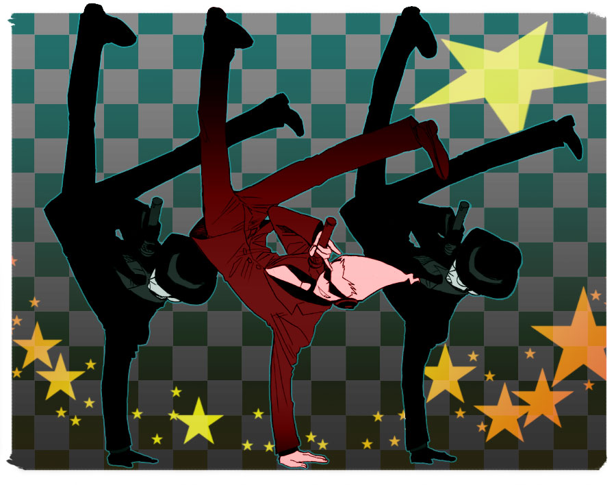 blue_skin, capcom, dancing, elite_beat_agents, ghost_trick, grin, hat, headphones