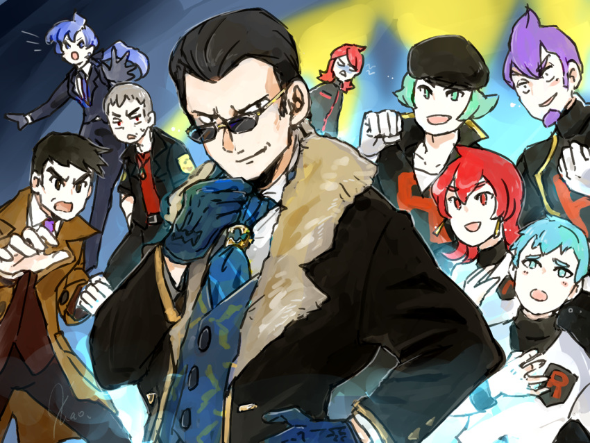 2girls, 6+boys, anabel_(pokemon), archer_(pokemon), ariana_(pokemon), beret, black_coat, black_hair