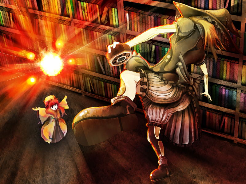 2girls, battle, blonde_hair, hakkero, kirisame_marisa, mini-hakkero, multiple_girls, patchouli_knowledge, purple_eyes, purple_hair, royal_flare, tokoroten_(hmmuk), touhou, violet_eyes, vs