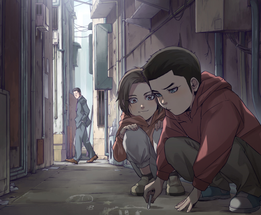 3boys, aged_down, back_alley, black_hair, blue_eyes, blue_footwear, blue_jacket, blue_pants