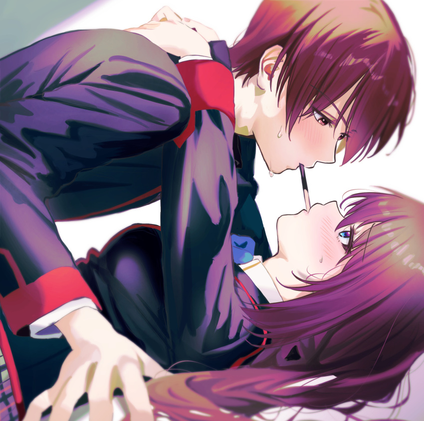 1boy, 1girl, a-chan_(little_busters!), arms_around_neck, black_jacket, blue_eyes, blurry, blush, boy_on_top, brown_eyes, brown_hair, commentary, couple, depth_of_field, eye_contact, eyelashes, food, food_in_mouth, from_side, hair_between_eyes, hair_spread_out, hetero, highres, hug, imminent_kiss, imminent_pocky_kiss, jacket, little_busters!, little_busters!_school_uniform, long_hair, long_sleeves, looking_at_another, miiizuno_lbs, natsume_kyousuke, parted_lips, pocky, pocky_in_mouth, profile, school_uniform, short_hair, shy, simple_background, sweatdrop, tsurime, upper_body, white_background