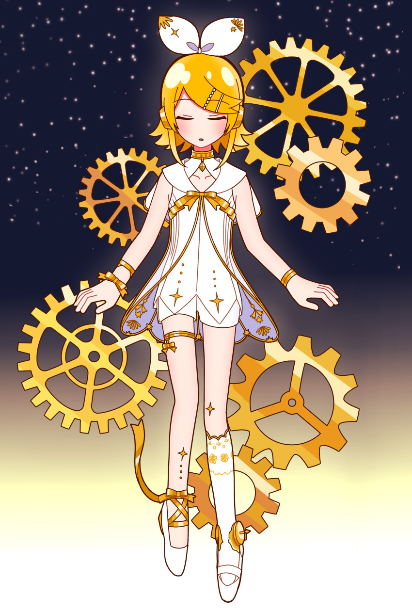 1girl, absurdres, asymmetrical_footwear, ballet_slippers, blonde_hair, bow, bracelet, choker, closed_eyes, collarbone, commentary_request, full_body, gears, gradient_background, gramophone_rin, hair_bow, hair_ornament, hairclip, headphones, highres, jewelry, kagamine_rin, miku_symphony_(vocaloid), mismatched_footwear, parted_lips, ribbon, sailor_collar, shirt, short_hair, shorts, single_sock, sisusisu189, sky, sleeveless, sleeveless_shirt, socks, solo, star_(sky), starry_sky, thigh_strap, vocaloid, wrist_ribbon