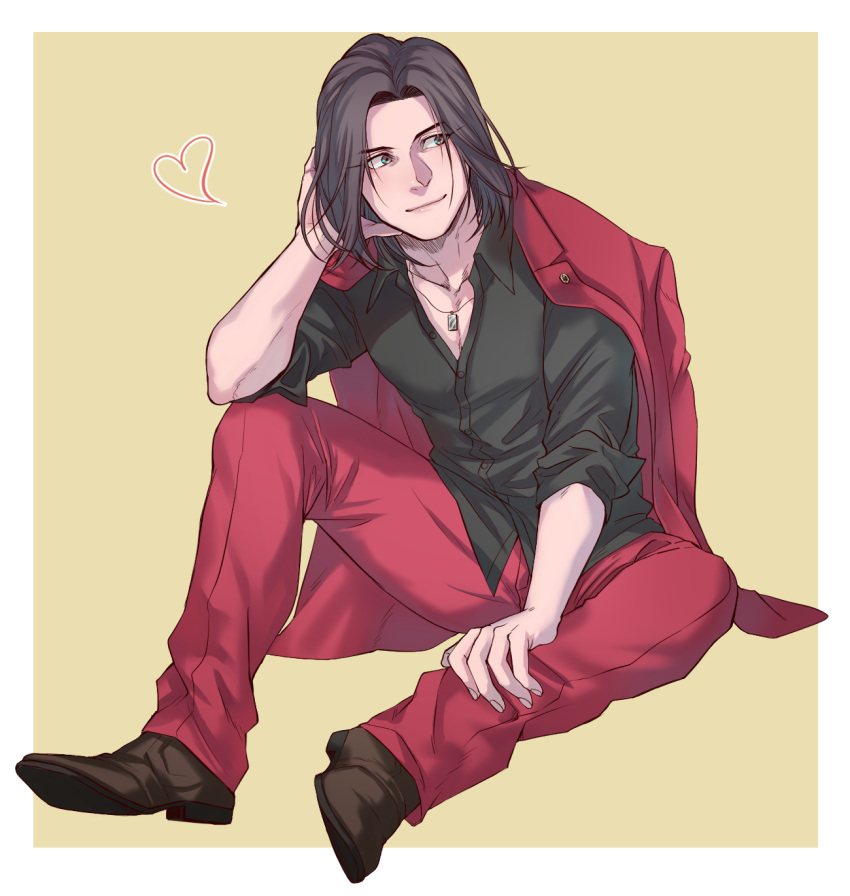 1boy, black_shirt, border, brown_eyes, brown_footwear, brown_hair, closed_mouth, coco_(h221414)