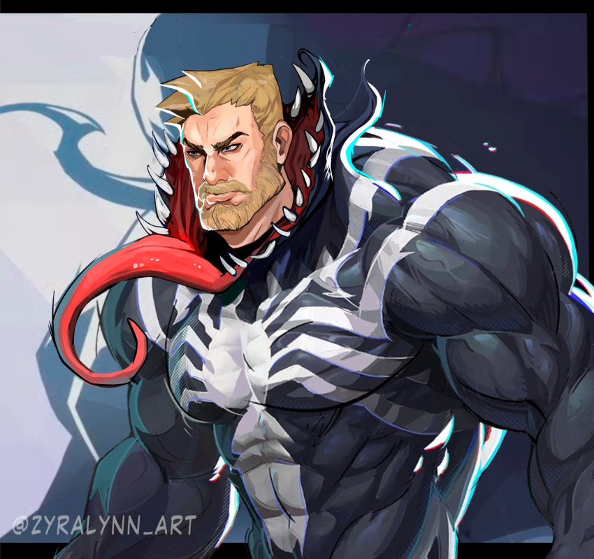 1boy, blonde_hair, eddie_brock, highres, long_tongue, looking_at_viewer, male_focus, marvel