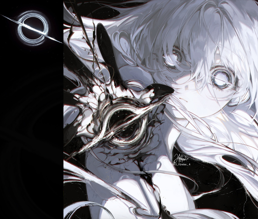 1girl, black_hole, black_hole-shaped_pupils, black_hole_earrings, black_nails, eyebrows_hidden_by_hair, gravitational_lens, hyatsu, looking_at_viewer, original, pale_skin, solo, twitter_username, white_hair