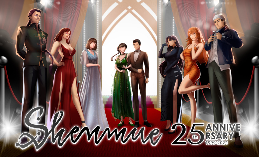 3boys, 5girls, absurdres, bandana, blue_dress, bobertio, brown_hair, china_dress