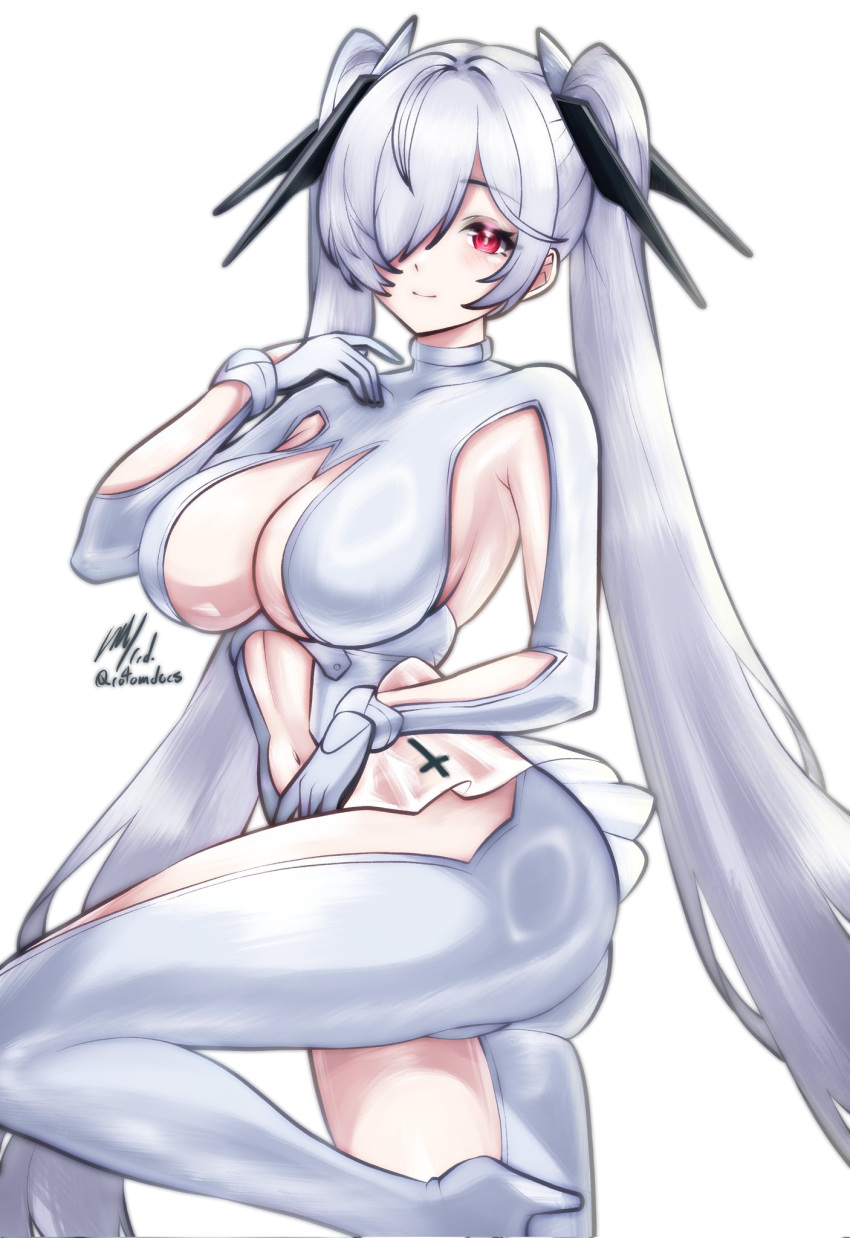 1girl, ass, bodysuit, cinderella_(nikke), clothing_cutout, dress, goddess_of_victory:_nikke, high_heels, highres, legs, long_hair, looking_at_viewer, miniskirt, red_eyes, rotomdocs, see-through_clothes, see-through_skirt, skirt, smile, thighs, twintails, very_long_hair, white_bodysuit, white_hair