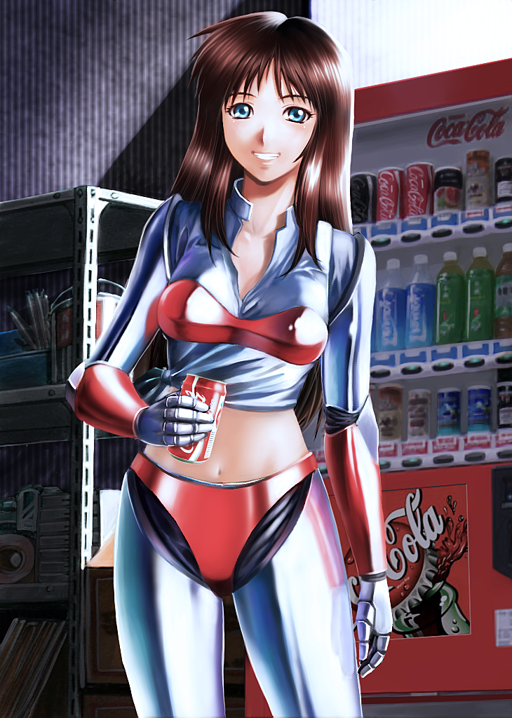 1girl, android, blue_eyes, brown_eyes, brown_hair, can, coca-cola, grin