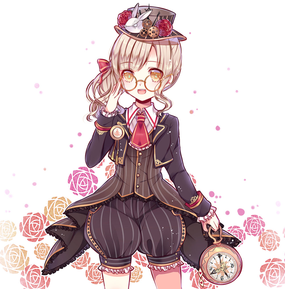 1girl, adjusting_eyewear, aqua_pupils, ascot, black_coat, black_hat, black_jacket, black_shorts