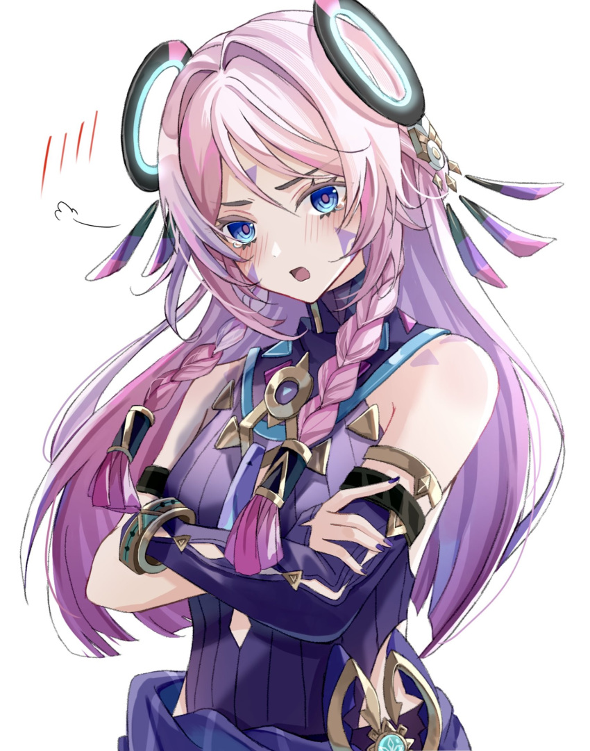 1girl, bare_shoulders, black_leotard, blue_eyes, blush, braid, citlali_(genshin_impact), crossed_arms, elbow_gloves, facial_mark, genshin_impact, gloves, hair_ornament, highres, kuromuru, leotard, long_hair, open_mouth, pink_hair, simple_background, single_glove, solo, triangle, triangle_facial_mark, twin_braids, upper_body, white_background
