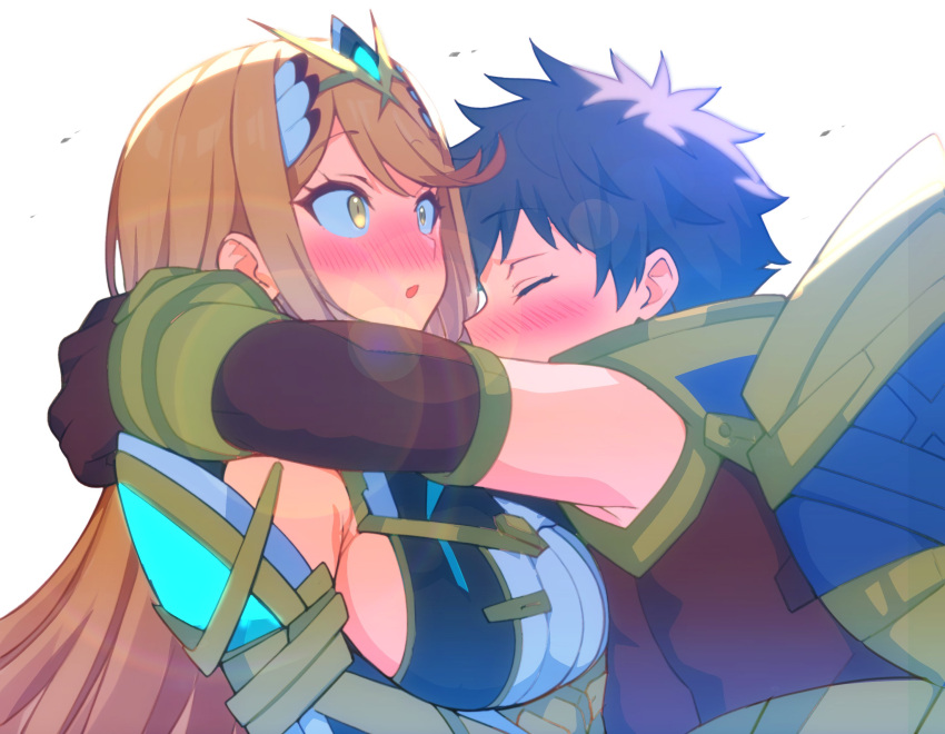 1boy, 1girl, black_hair, blonde_hair, blush, core_crystal_(xenoblade), couple, gem, hetero, highres, hug, husband_and_wife, kakk_e, mythra_(xenoblade), rex_(xenoblade), simple_background, tiara, xenoblade_chronicles_(series), xenoblade_chronicles_2, yellow_eyes