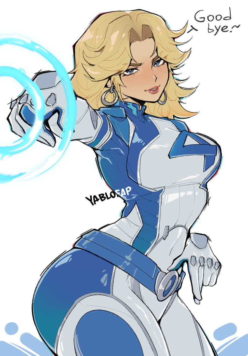 1girl, absurdres, alohapz, animification, blonde_hair, blue_eyes, bodysuit, breasts