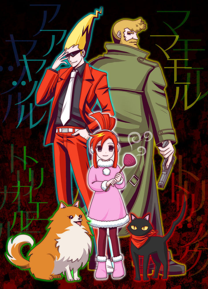 beard, blonde_hair, capcom, cat, cat_(ghost_trick), child, curly_hair, dog