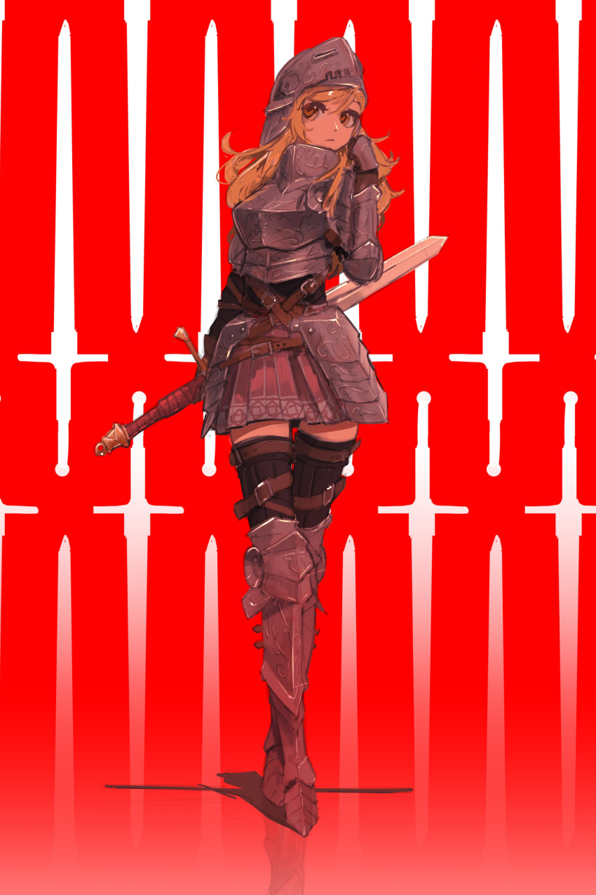 1girl, absurdres, armor, belt, black_thighhighs, blonde_hair, breasts, contrapposto