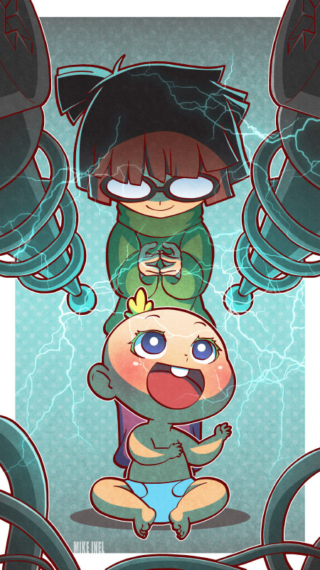 2girls, baby, brown_hair, diaper, glasses, lily_loud, lisa_loud, looking_at_viewer