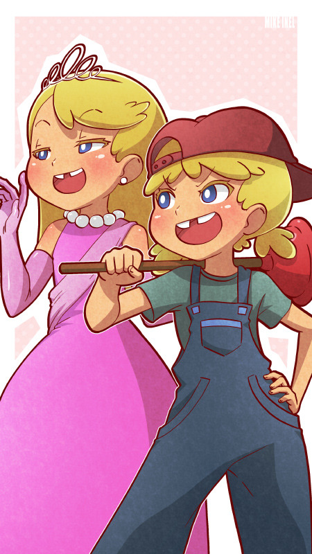 2girls, blonde_hair, blue_eyes, dress, elbow_gloves, gloves, jewelry, lana_loud