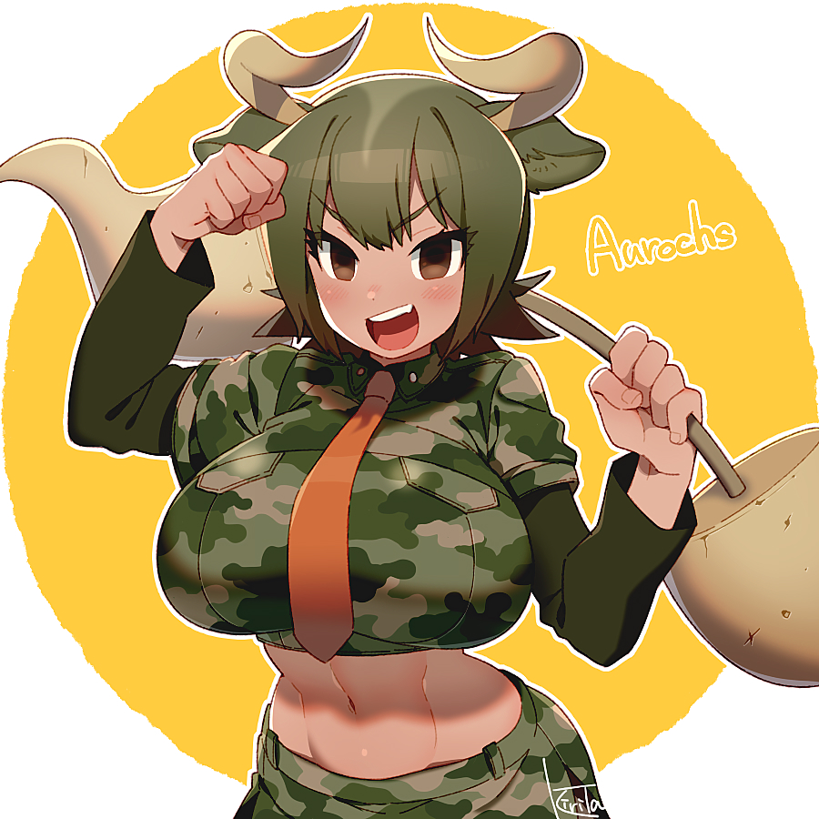 1girl, :d, abs, animal_ears, arm_up, aurochs_(kemono_friends), bad_id, bad_twitter_id
