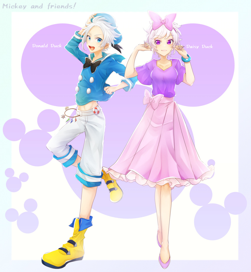 1boy, 1girl, absurdres, blue_eyes, bow, daisy_duck, disney, donald_duck, full_body, hair_bow, hat, highres, honipokooon, humanization, looking_at_viewer, open_mouth, personification, puffy_short_sleeves, puffy_sleeves, shirt, short_hair, short_sleeves, skirt, smile, white_hair