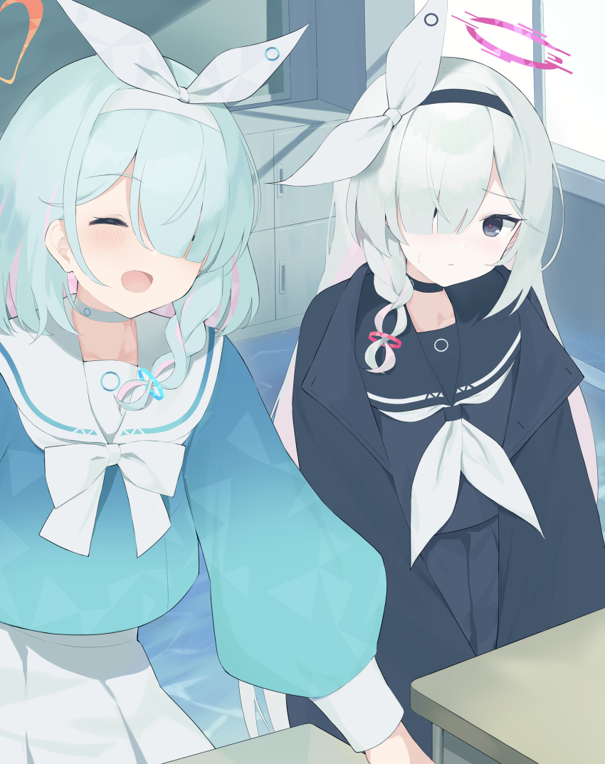 2girls, :d, ^_^, absurdres, arona_(blue_archive), black_choker, black_coat, black_hairband