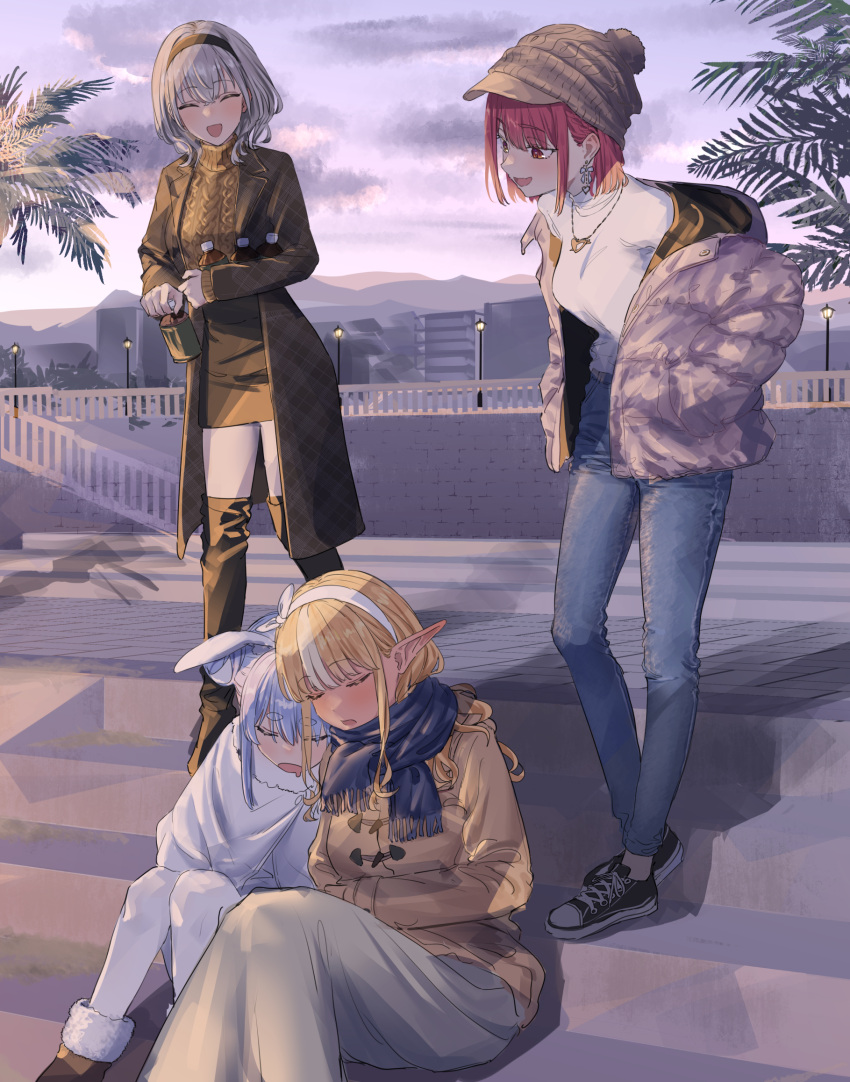 4girls, animal_ear_fluff, animal_ears, aran_sweater, black_hairband, blanket, blonde_hair, blue_hair