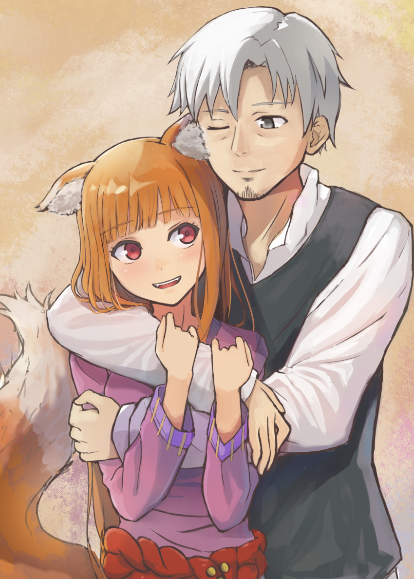 1boy, 1girl, absurdres, animal_ear_fluff, animal_ears, black_shirt, blush, brown_fur